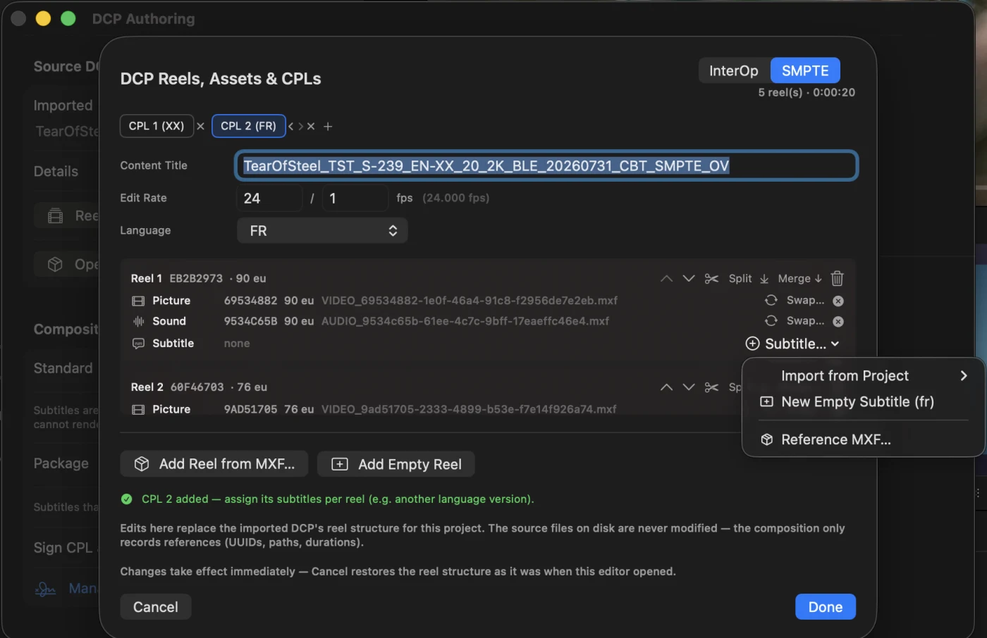 Reel and asset editor